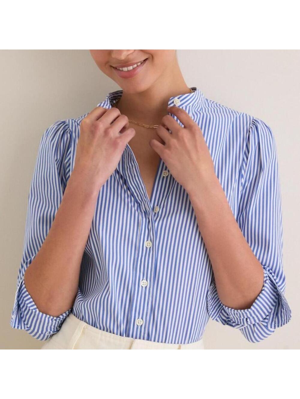 The Shirt by Rochelle Behrens The Puff Shoulder Shirt Blue/Wh Striped Women MED